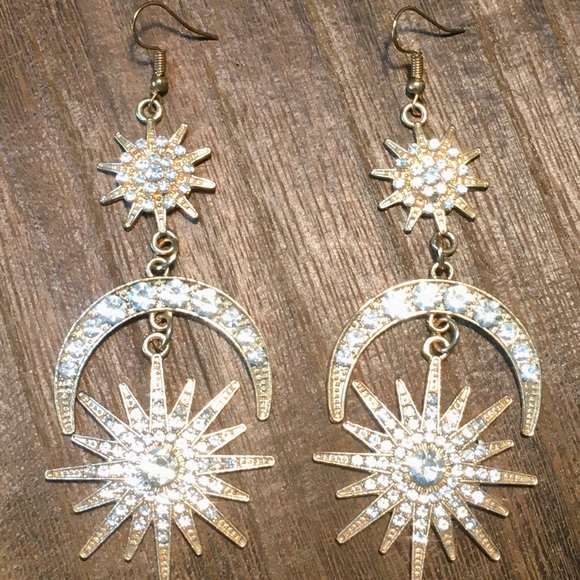 Celestial earrings Big/bold/beautiful moon & stars Gold tone & clear rhinestone - Picture 8 of 8